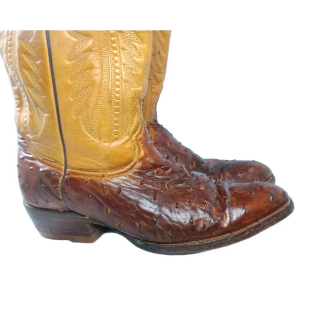 Rudel Western Boots Men's Size 9.5 E Ostrich Embossed Leather Brown